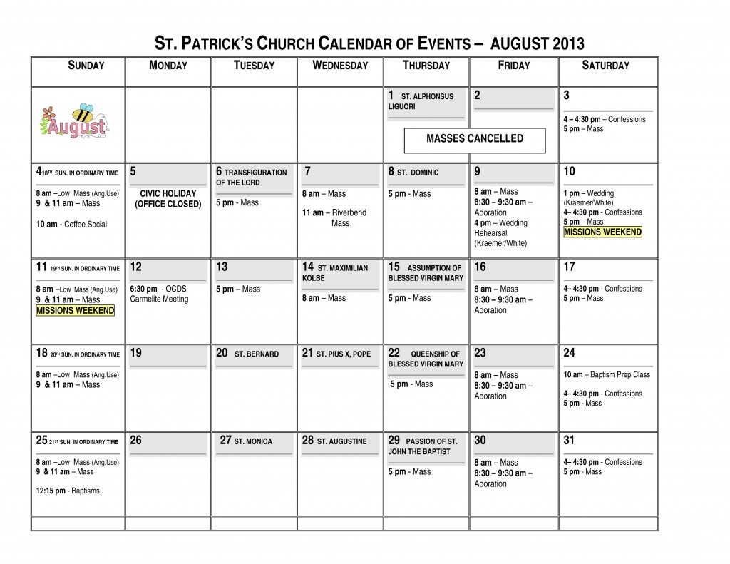 Microsoft Word St. Patrick's Calendar August 2013.doc St. Patrick