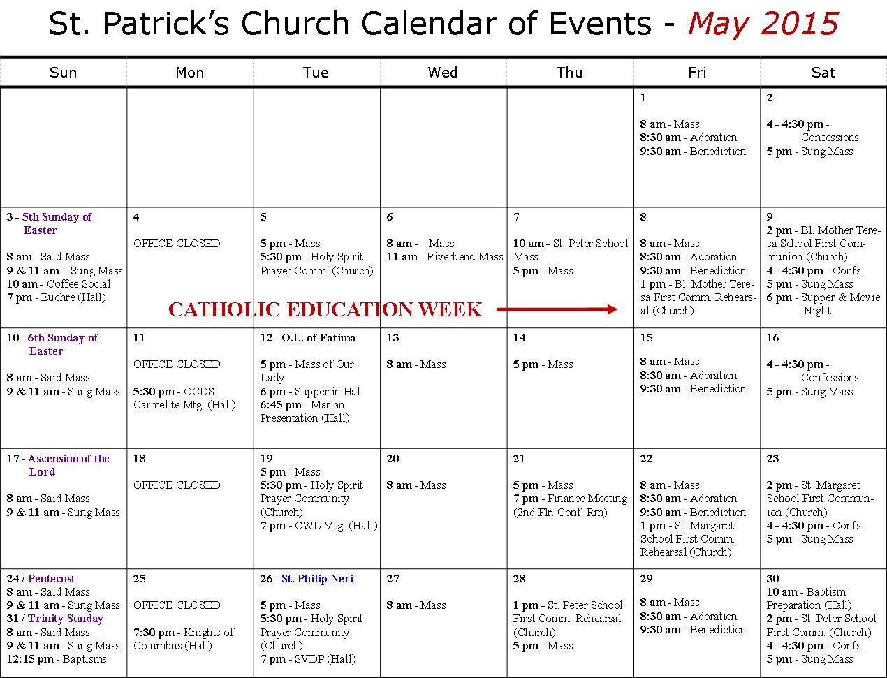 St Patrick's Calendar - May 2015 - St. Patrick's, Cambridge