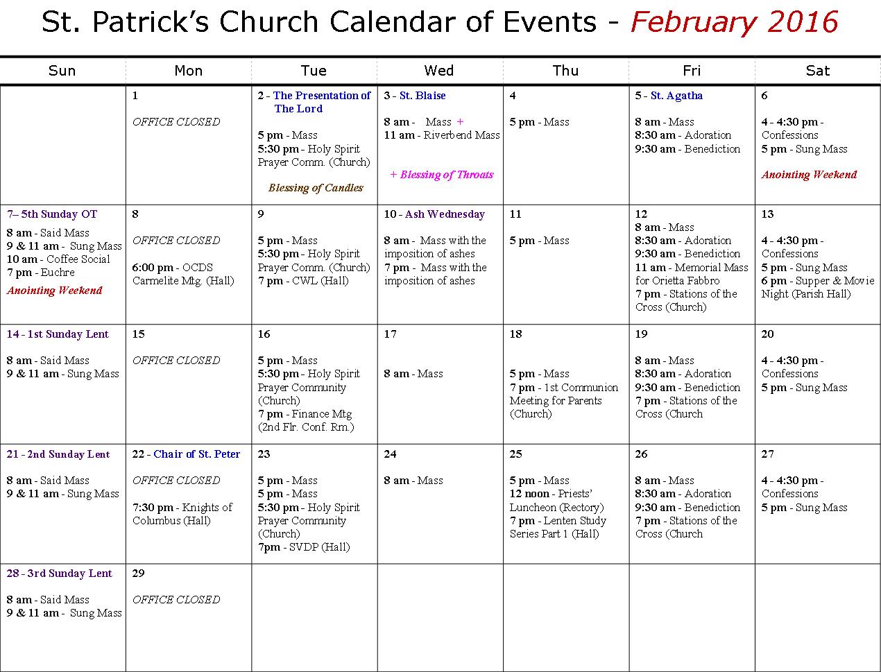 St. Patrick's Parish Calendar - February 2016 - St. Patrick's, Cambridge