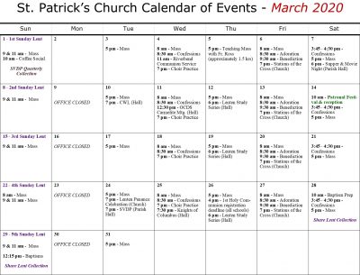 St. Patrick's Parish Calendar - March 2020 - St. Patrick's, Cambridge